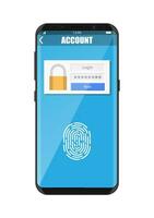 Smartphone unlocked by fingerprint sensor. Mobile phone security, personal access via finger, login form into account managment, authorization, network protection. Vector illustration flat