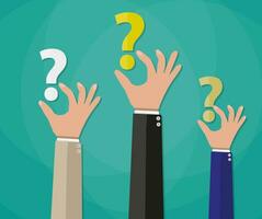 Concept of questioning, hands holding question marks. vector illustration in flat style on green background