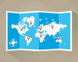 Paper world map with location icons. map icon, vector map, vector illustration in flat design on brown background