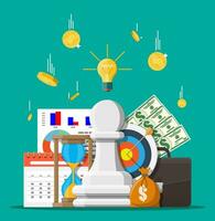 Business strategy. Pawn chess figure, calendar, money, briefcase, target and clocks. Goal setting. Smart goal. Business target concept. Achievement and success. Vector illustration in flat style