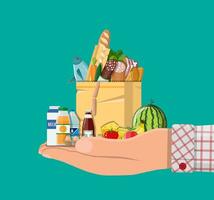 Paper shopping bag full of groceries products in hand. Grocery store. Supermarket. Delivery. Fresh organic food and drinks. Vector illustration in flat style