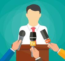 Public speaker and hands of journalists with microphones. Press conference concept, news, media, journalism. vector illustration in flat style on green background