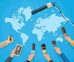 Few hands of journalists with microphones, tape recorder and smartphone. journalism, live report, hot news, television and radio casts concept. vector illustration in flat style, world map background