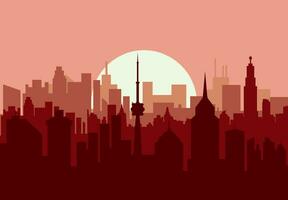 ciudad horizonte silueta a puesta de sol. rascacielos, torres, oficina y residencial edificios vector ilustración
