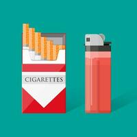 Opened red cigarette pack with cigarettes and red pocket lighter Cigarette box. Cigarette packet. vector illustration in flat design on green background