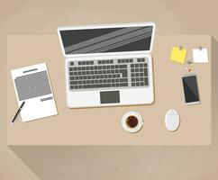 Office, desk top view. Laptopwith wireless mouse, documents paper, pen, sticky notes, smartphone, coffee cup. vector illustration in flat design