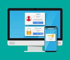 Two steps authentication concept. Computer monitor with login into account and smartphone with sms app. Duo verification by phone and approvement. Vector illustration in flat style