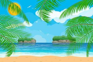 Landscape of palm tree on beach. Sun with reflection in water and clouds. Day in tropical place. Vector illustration in flat style