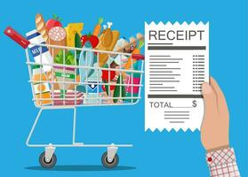 Hand with receipt. Shopping cart with food and drinks. Vector illustration in flat style