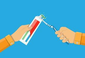 hands use toothpaste and a toothbrush. vector illustration in flat style on blue background