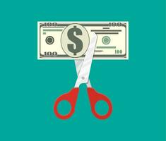 Scissors cutting dollar banknote. Vector illustration in flat style