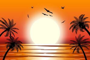 Silhouette of palm tree on beach. Sun with reflection in water and seagulls. Sunset in tropical place. Vector illustration