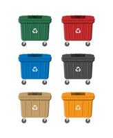 Huge waste trash can isolated on white. Container for garbage. Dumpster on wheels. Garbage recycling and utilization equipment. Waste management. Vector illustration in flat style