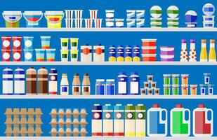 Showcase fridge for cooling dairy products. Different colored bottles and boxes in fridge. Refrigerator dispenser cooling machine. Milk, yogurt, sour cream, eggs. Vector illustration in flat style