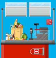 Supermarket interior. Cashier counter workplace. Food and drinks. Cash register, pos terminal and keypad. Vector illustration in flat style