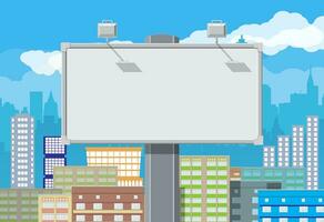 Empty urban big board or billboard with lamp. Blank mockup. Marketing and advertisement. Cityscape background with buildings, sky and clouds. Vector illustration in flat style