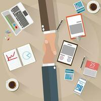 two businessman shake hands after the signed contract . top view of Desk with laptop, smartphone, coffee, calendar, and calculator. vector illustration in flat design