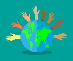 grupo de manos de diferente colores y globo. personas de el mundo. cultural y étnico diversidad. vector ilustración en plano estilo en blanco antecedentes