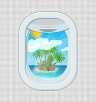 Window from inside the airplane. Aircraft porthole shutter. Tropical island with palm tree in ocean. Air journey or vacation concept. Vector illustration in flat style