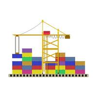 cargo port container crane and colorful containers isolated on white. vector illustration in flat style