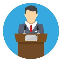 orator speaking from tribune. public speaker. vector illustration in flat style