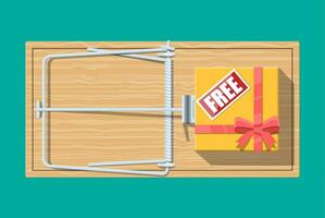 Wooden mouse trap with gift box with free sign, classical spring loaded bar trap. Top view. Fraud, freebie, crime and lie. Vector illustration in flat style