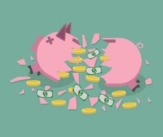 Broken pink Piggy bank with gold coins and dollar bills. vector illustration in flat designsaving money. Vector.