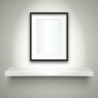 Realistic black wwoden picture frame and white empty shelf with lightning and shadow. vector illustration