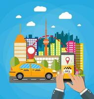 Urban cityscape with taxi cab, hand with smartphone and taxi service application. vector illustration in flat style