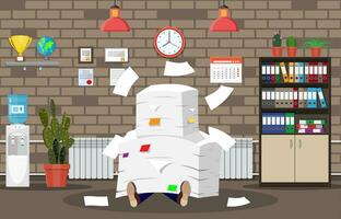 Stressed businessman under pile of office papers and documents. Office building interior. Office documents heap. Routine, bureaucracy, big data, paperwork, office. Vector illustration in flat style