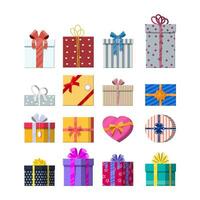 Set of gift boxes isolated on white. Colorful wrapped. Sale, shopping. Present boxes different sizes with bows and ribbons. Collection for birthday and holiday. Vector illustration in flat style