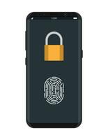 Locked smartphone with padlock and fingerprint button. Security, access via finger on mobile phone, user authorization, recognition of owner, login, protection. Vector illustration in flat style