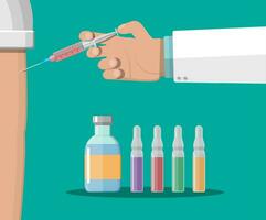 Doctor hand with syringe making vaccination of patient. Ampoule and syringe with medicament. Vaccination concept. Healthcare, hospital and medical diagnostics. Vector illustration in flat style