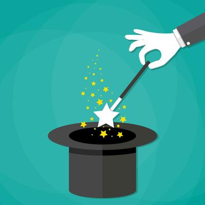 Cartoon Magicians hands in white gloves holding a magic wand with stars sparks above black magic hat. vector illustration in flat design on green background