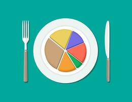 Colorful business chart pie on plate with fork and knife. Business lunch. Vector illustration in flat style