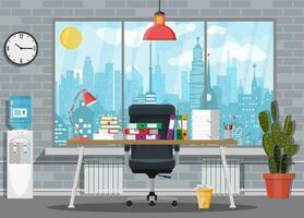 Pile of paper documents and file folders on office table. Cactus, clock, water cooler. Bureaucracy, paperwork, office. Chair, desk, lamp. Cityscape Vector illustration in flat style