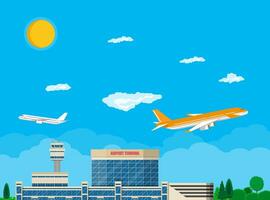 Aircraft above the ground. Airport control tower, terminal building and parking area. Sky with clouds and sun. Vector illustration in flat style