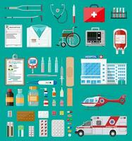 Medicine pills capsules, bottles and healthcare devices. Ambulance car and helicopter, hospital building. Healthcare, medical diagnostics. Urgency emergency services. Vector illustration in flat style