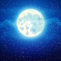 Full moon close up and around the stars with fog on dark blue background, vector illustration