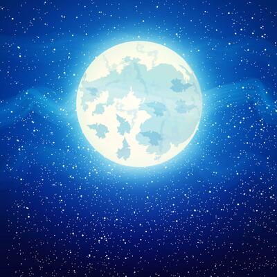 Full moon close up and around the stars with fog on dark blue background, vector illustration