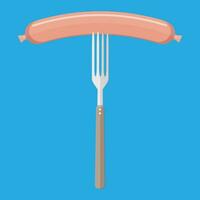 Grilled or boiled sausage on fork. Meat product food. Vector illustration in flat style