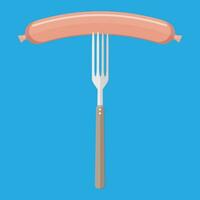 Grilled or boiled sausage on fork. Meat product food. Vector illustration in flat style