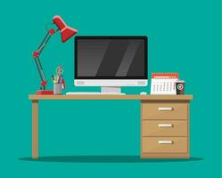 Office desk with computer, lamp, coffee cup, calendar and Pen holder. Modern business or home workplace. Vector illustration in flat style