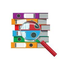 Files, ring binders and and magnifying glass, colorful office folders. Side view. Bureaucracy, paperwork and office. Vector illustration in flat style