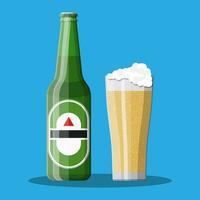 Bottle of beer with glass. Beer alcohol drink. Vector illustration in flat style