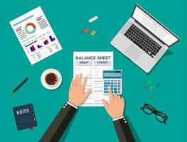 Accountant with report and a calculator checks money balance. Financial reports statement and documents. Accounting, bookkeeping, audit debit and credit calculations. Vector illustration in flat style