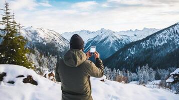 AI generated reality photo of man taking smartphone photos of snow covered hills, Leavenworth, Washington, United States during a very clear day