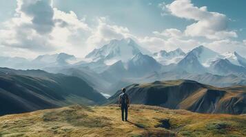 AI generated reality photo of man enjoying the view from the plateau to Elbrus, clouds and mountain fields glowing in summer, a very stunning view