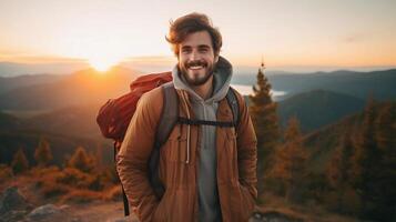 AI generated reality photo Tourist climbers smile in the mountains when they see a very stunning view