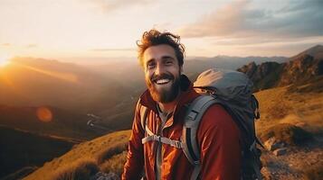 AI generated reality photo Tourist climbers smile in the mountains when they see a very stunning view